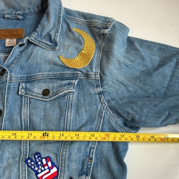 Guess cropped raw hem 3/4 sleeve hippie patches star cactus peace jean jacket - Picture 12 of 16